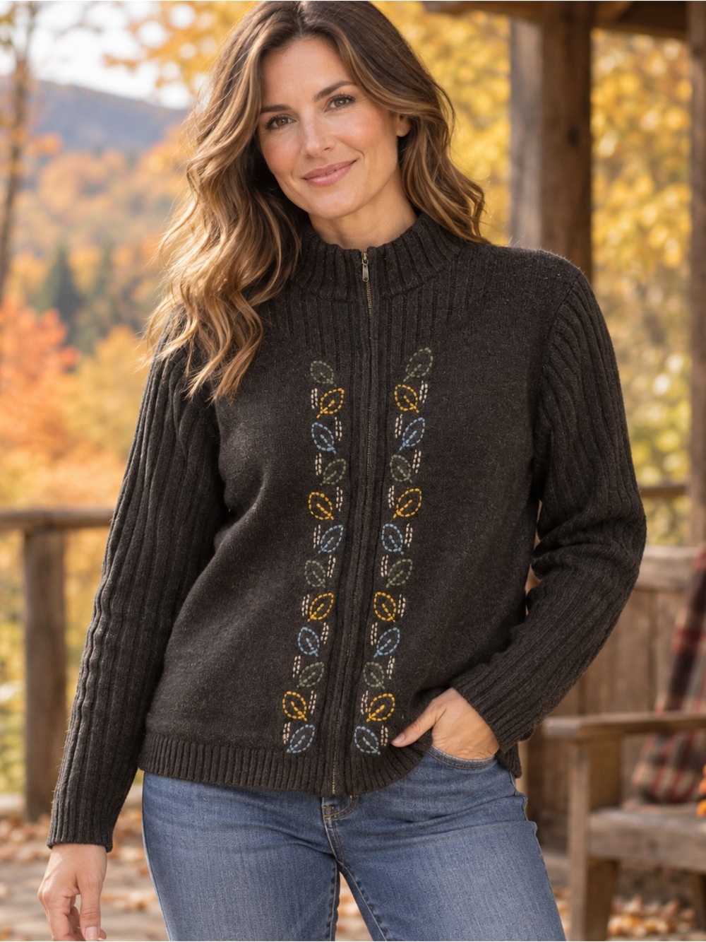 Woolrich Women XL 100% Lambswool Embroidered Full Zip Cardigan Sweater Cabine